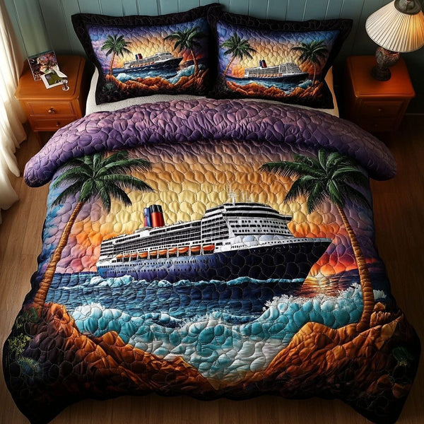 Nautical Dreamer quilted 3-piece bedding set on a made bed in a light coastal bedroom