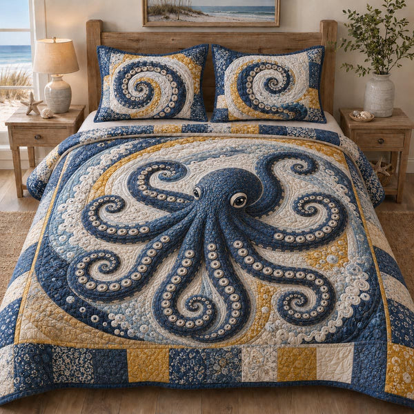 Nautical Dreams quilted 3-piece bedding set on a made bed in a light coastal bedroom
