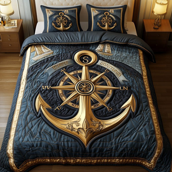 Nautical Dreams quilted 3-piece bedding set on a made bed in a light coastal bedroom