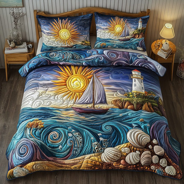 Nautical Escape quilted 3-piece bedding set on a made bed in a light coastal bedroom