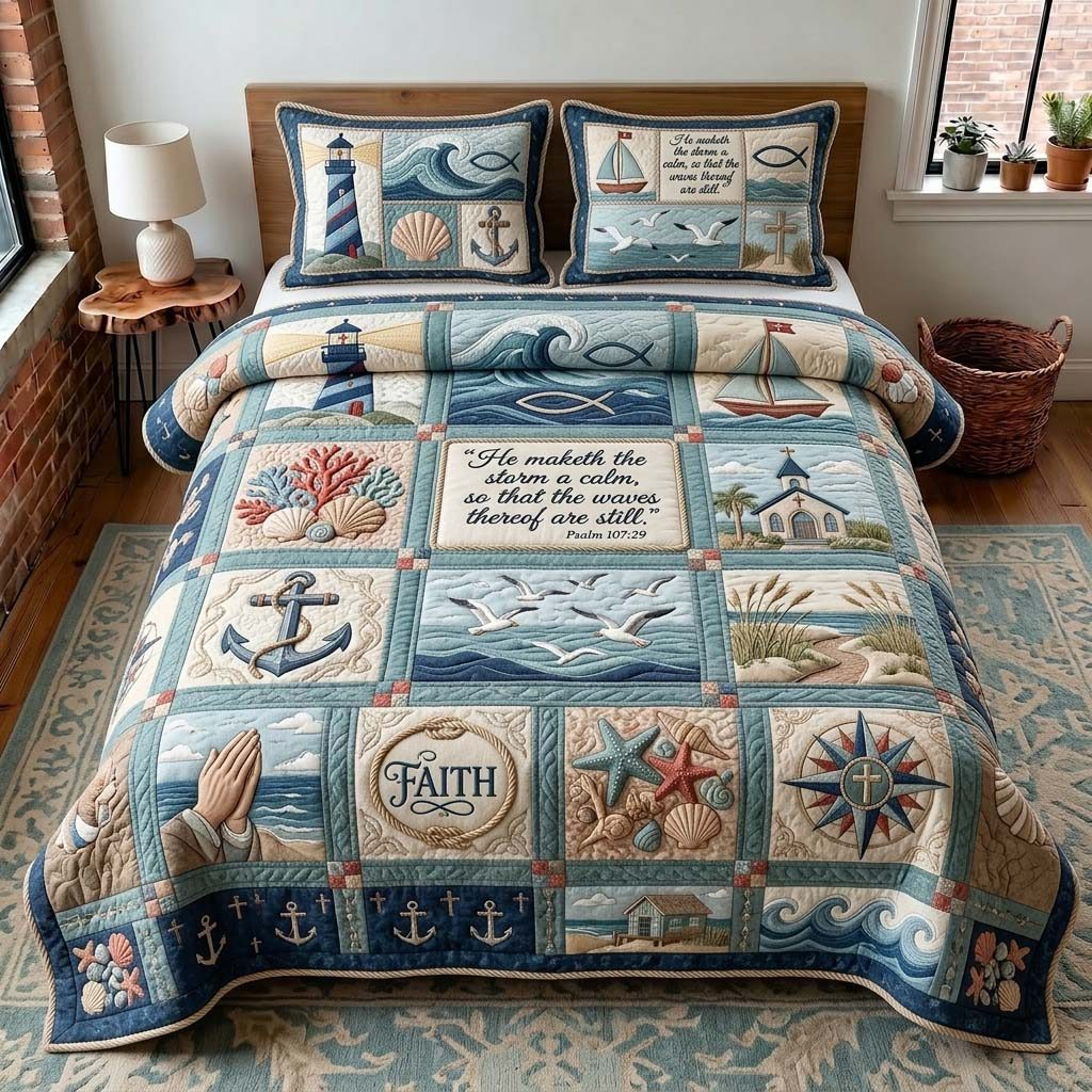 Nautical Faith quilted 3-piece bedding set on a made bed in a softly lit bedroom