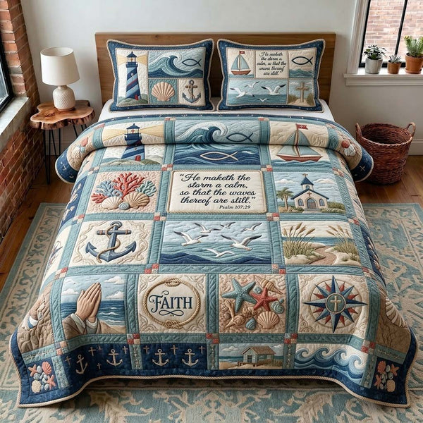 Nautical Faith quilted 3-piece bedding set on a made bed in a softly lit bedroom