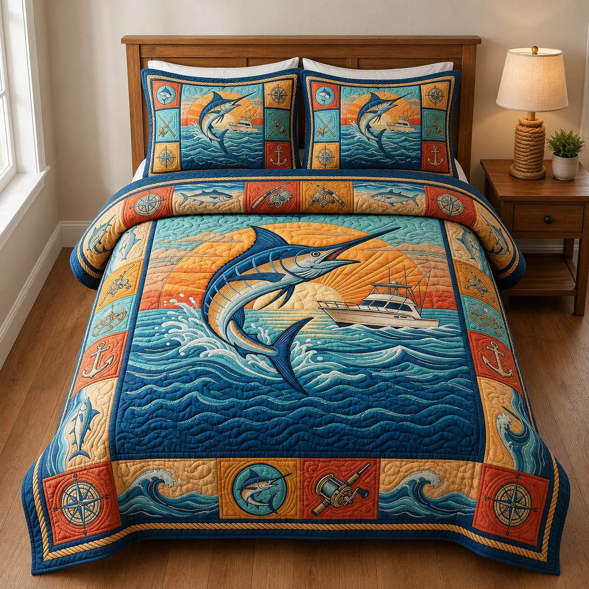Nautical Fishing quilted 3-piece bedding set on a made bed in a light coastal bedroom