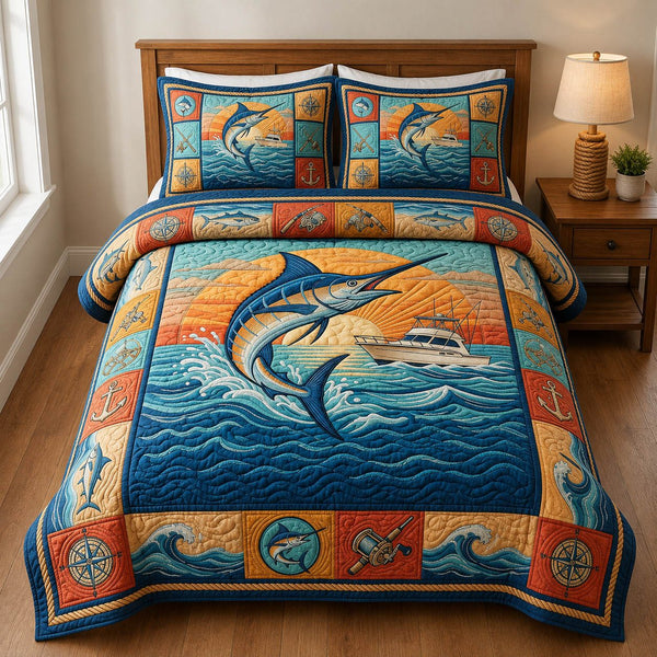 Nautical Fishing quilted 3-piece bedding set on a made bed in a light coastal bedroom