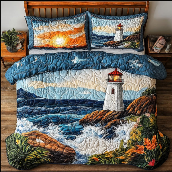 Nautical Glow quilted 3-piece bedding set on a made bed in a light coastal bedroom
