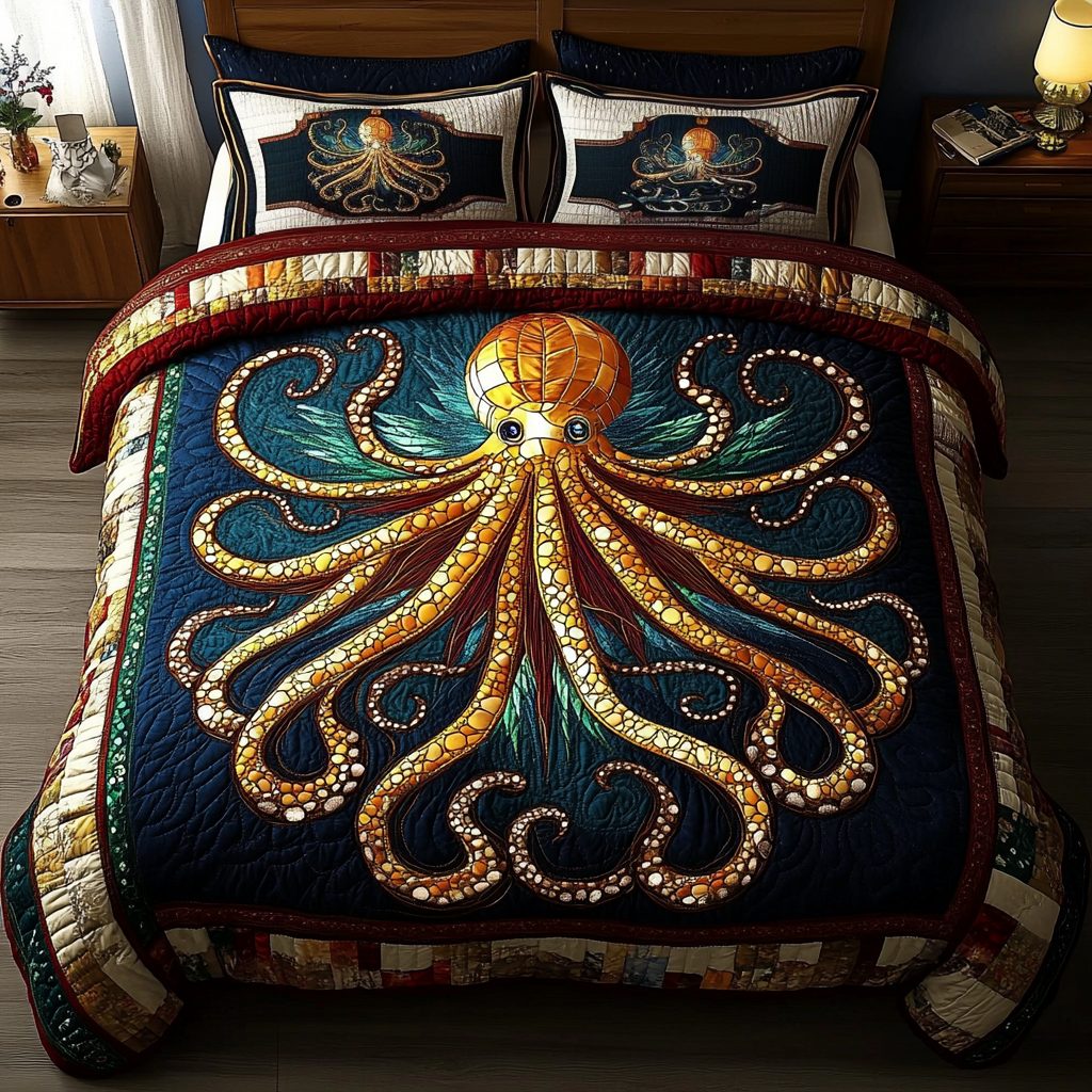 Nautical Grace quilted 3-piece bedding set on a made bed in a light coastal bedroom