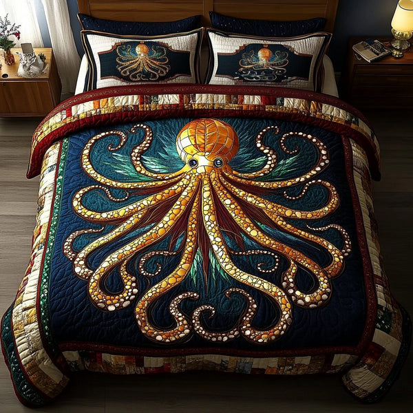 Nautical Grace quilted 3-piece bedding set on a made bed in a light coastal bedroom