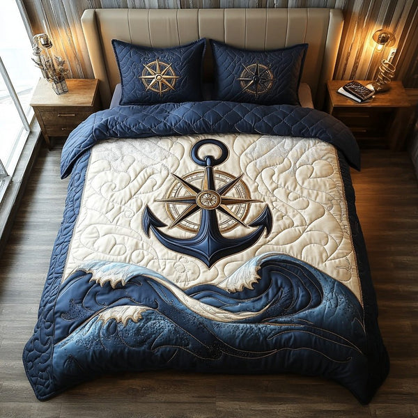 Nautical Guide quilted 3-piece bedding set on a made bed in a light coastal bedroom