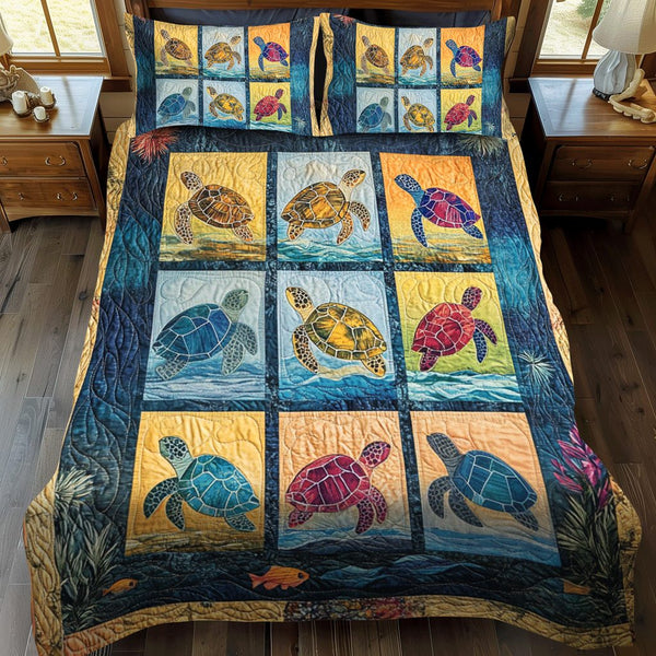 Nautical Haven quilted 3-piece bedding set on a made bed in a light coastal bedroom