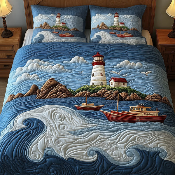 Nautical Life quilted 3-piece bedding set on a made bed in a light coastal bedroom