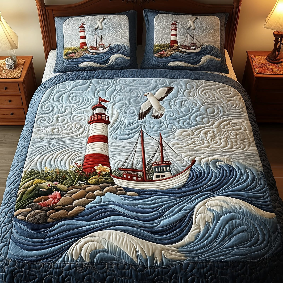 Nautical Life quilted 3-piece bedding set on a made bed in a light coastal bedroom