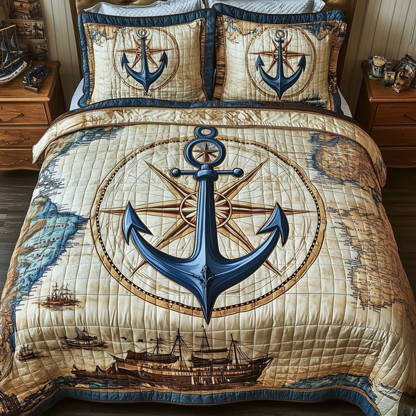 Nautical Life Quilted Collection quilted 3-piece bedding set on a made bed in a light coastal bedroom