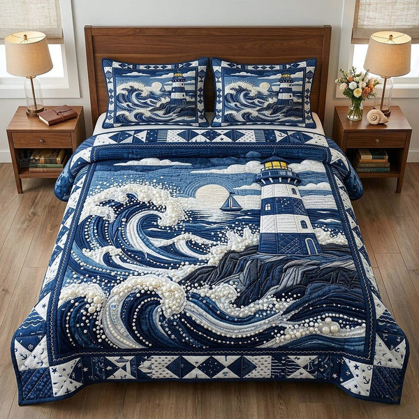 Nautical Lighthouse quilted 3-piece bedding set on a made bed in a light coastal bedroom