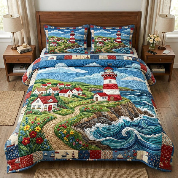 Nautical Lighthouse quilted 3-piece bedding set on a made bed in a light coastal bedroom
