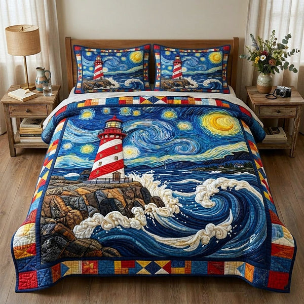 Nautical Lighthouse quilted 3-piece bedding set on a made bed in a light coastal bedroom
