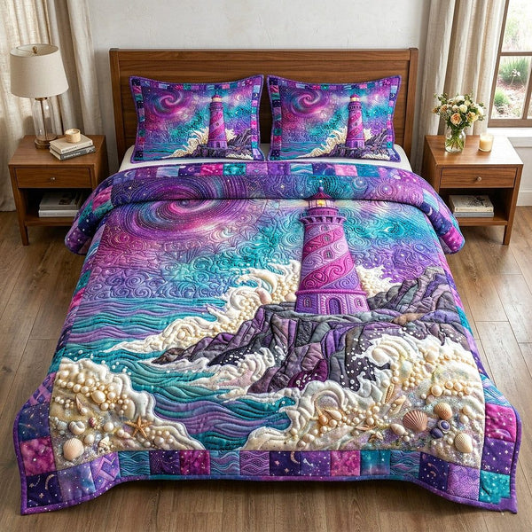 Nautical Lighthouse quilted 3-piece bedding set on a made bed in a light coastal bedroom
