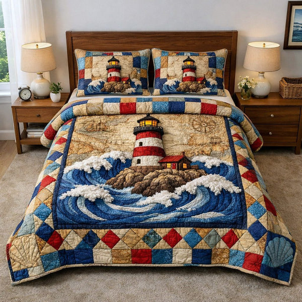 Nautical Lighthouse quilted 3-piece bedding set on a made bed in a light coastal bedroom
