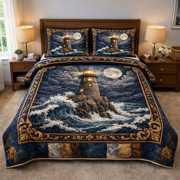 Nautical Lighthouse quilted 3-piece bedding set on a made bed in a light coastal bedroom