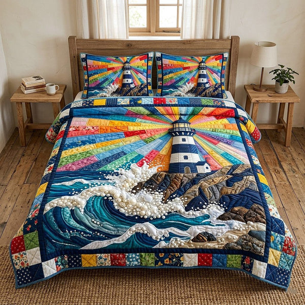 Nautical Lighthouse quilted 3-piece bedding set on a made bed in a light coastal bedroom