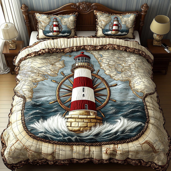 Nautical Lighthouse quilted 3-piece bedding set on a made bed in a light coastal bedroom
