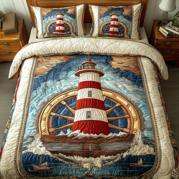 Nautical Lighthouse quilted 3-piece bedding set on a made bed in a light coastal bedroom