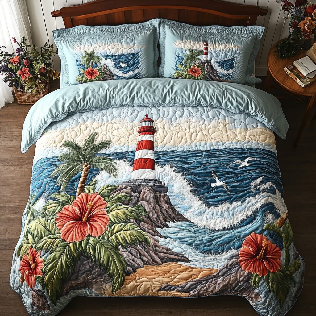 Nautical Lighthouse quilted 3-piece bedding set on a made bed in a light coastal bedroom