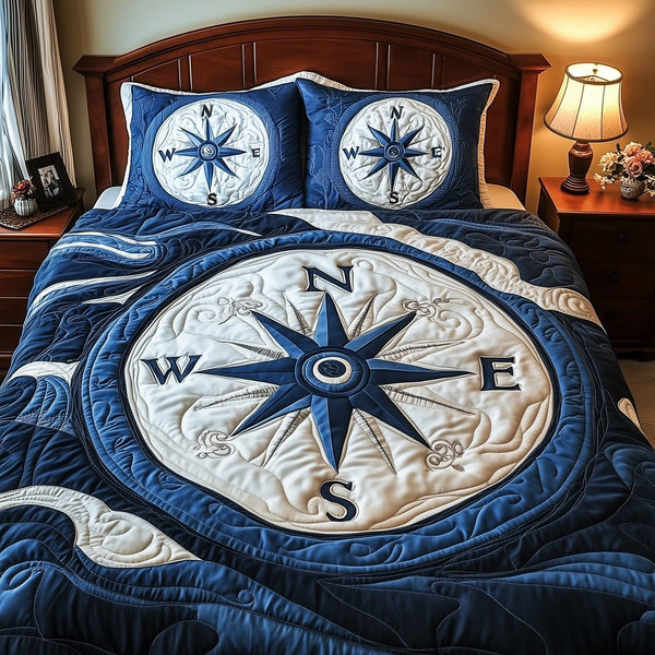 Nautical Navigator quilted 3-piece bedding set on a made bed in a light coastal bedroom