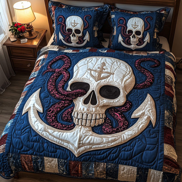 Nautical Nightmare quilted 3-piece bedding set on a made bed in a light coastal bedroom