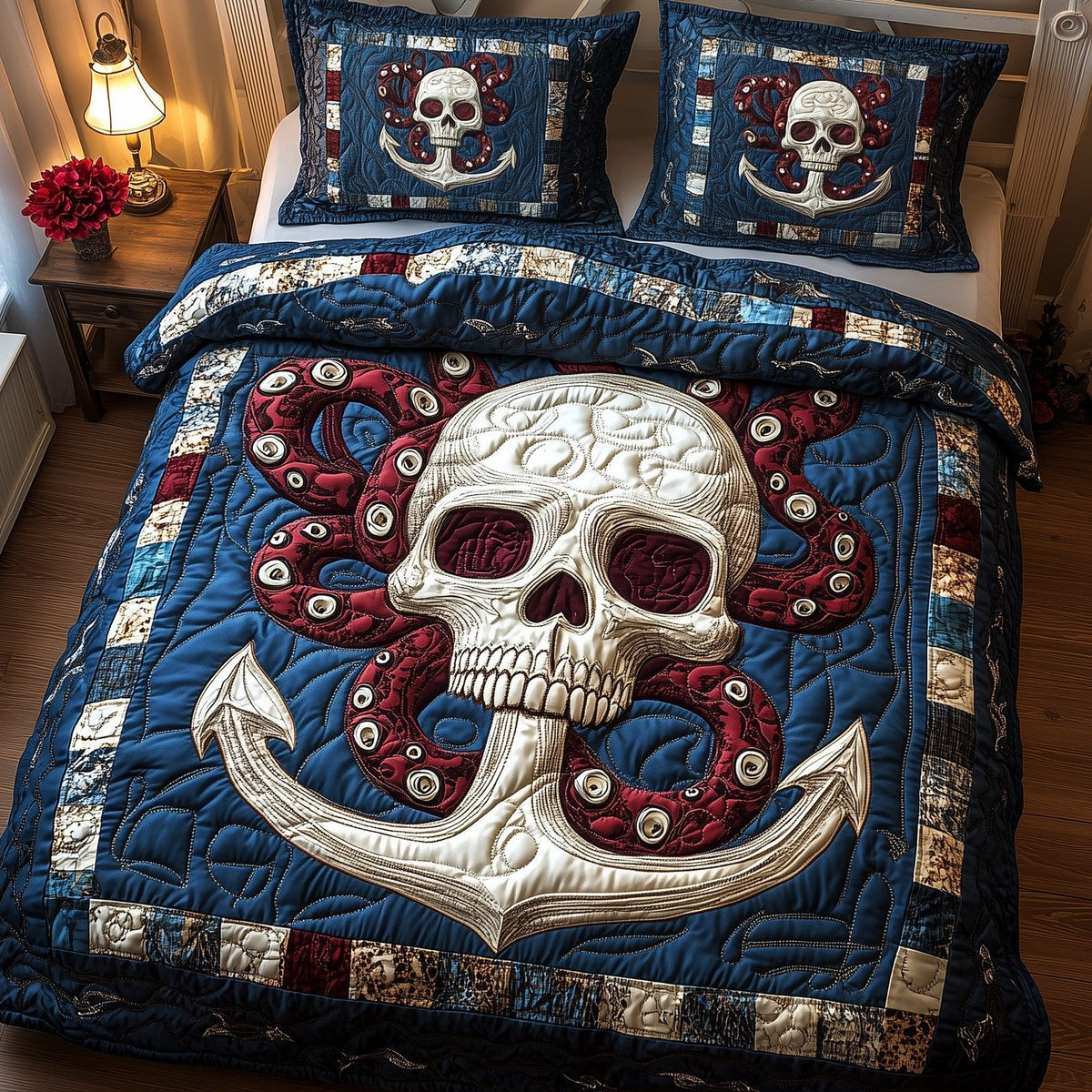 Nautical Nightmare quilted 3-piece bedding set on a made bed in a light coastal bedroom