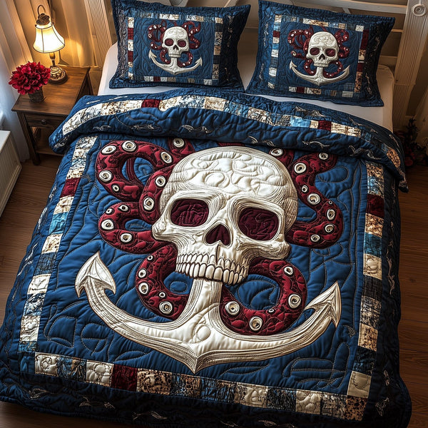 Nautical Nightmare quilted 3-piece bedding set on a made bed in a light coastal bedroom
