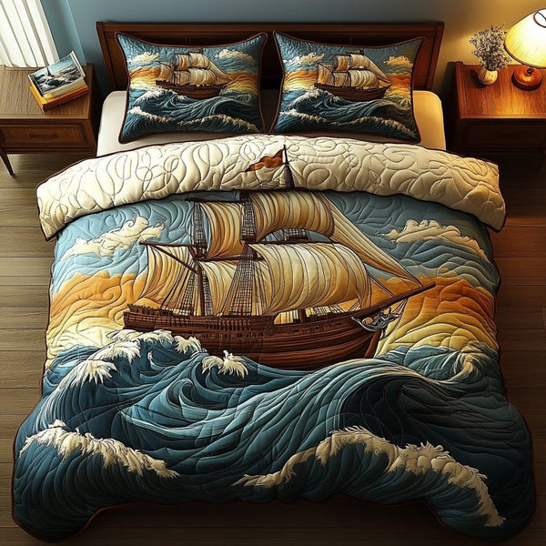 Nautical Nights quilted 3-piece bedding set on a made bed in a light coastal bedroom