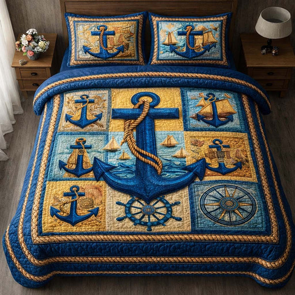Nautical Patchwork quilted 3-piece bedding set on a made bed in a light coastal bedroom