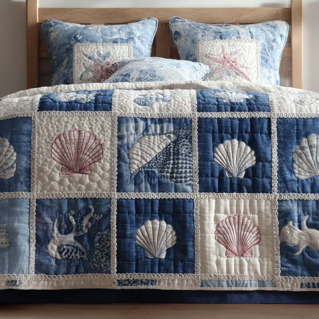 Nautical Patchwork quilted 3-piece bedding set on a made bed in a light coastal bedroom