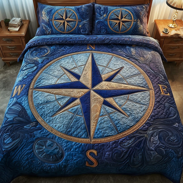 Nautical quilted 3-piece bedding set on a made bed in a light coastal bedroom