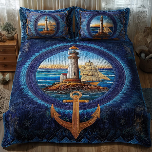 Nautical quilted 3-piece bedding set on a made bed in a light coastal bedroom
