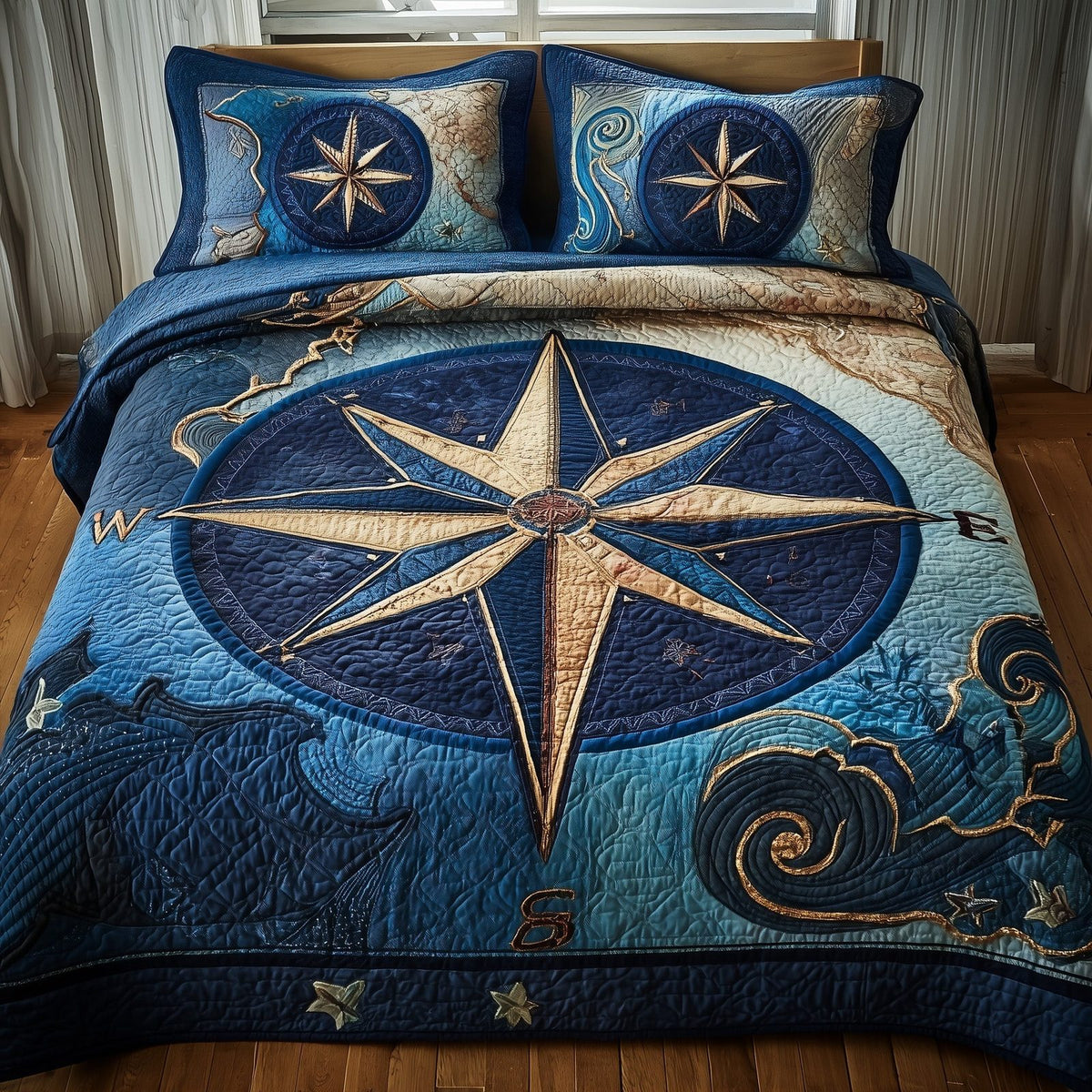 Nautical quilted 3-piece bedding set on a made bed in a light coastal bedroom