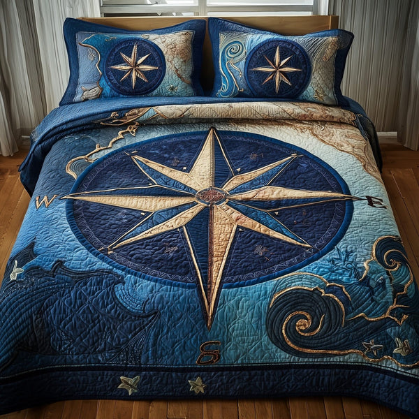 Nautical quilted 3-piece bedding set on a made bed in a light coastal bedroom