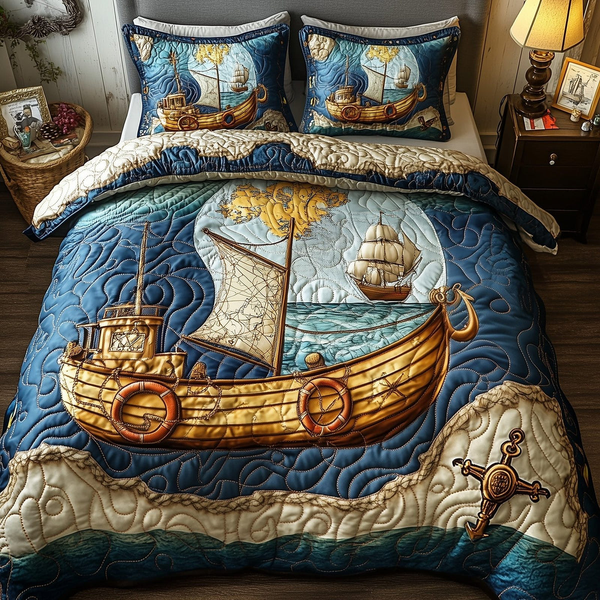 Nautical quilted 3-piece bedding set on a made bed in a light coastal bedroom