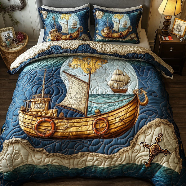 Nautical quilted 3-piece bedding set on a made bed in a light coastal bedroom