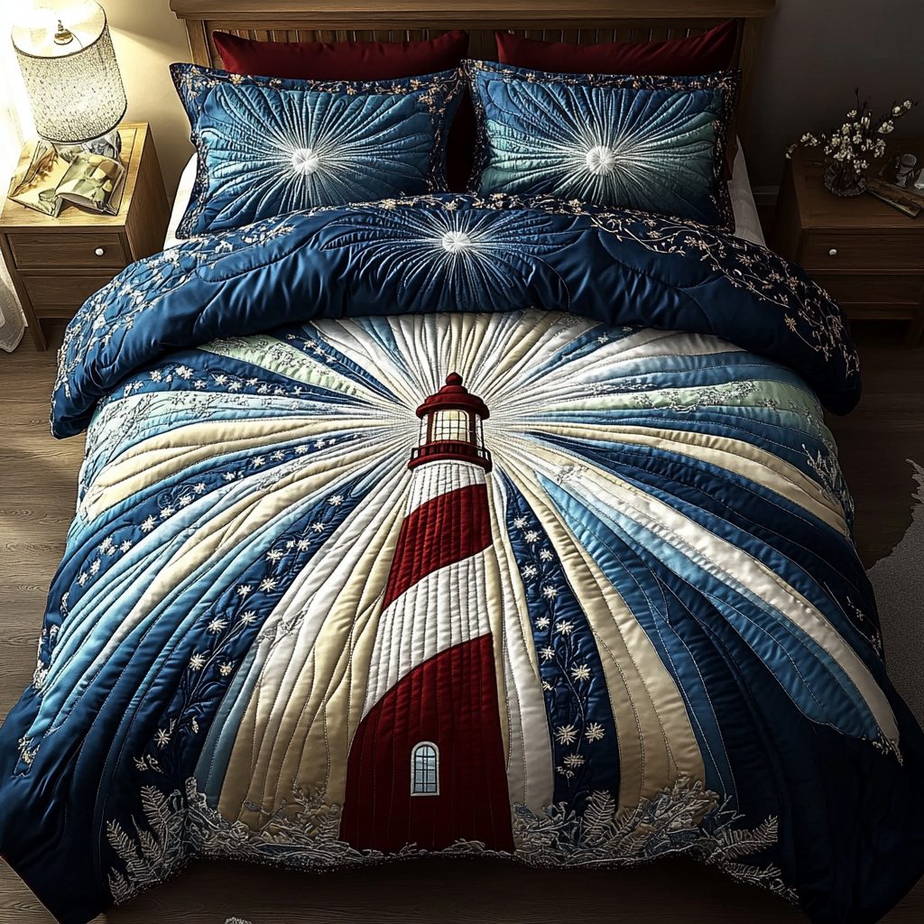 Nautical Radiance quilted 3-piece bedding set on a made bed in a light coastal bedroom