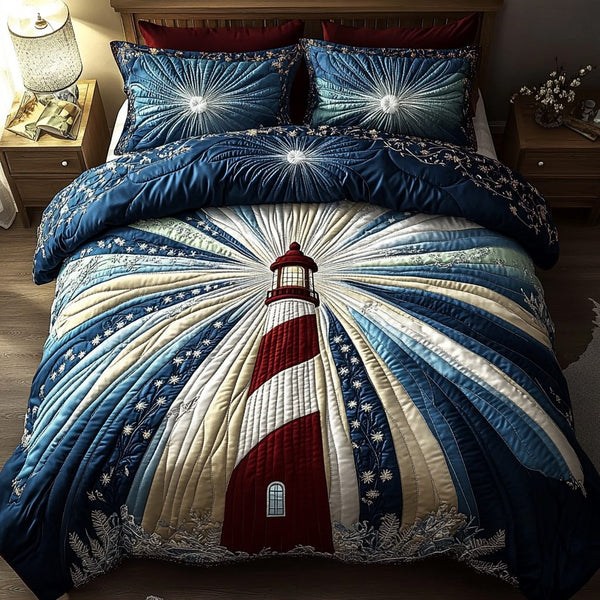 Nautical Radiance quilted 3-piece bedding set on a made bed in a light coastal bedroom