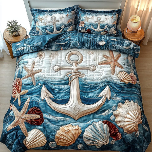 Nautical Retreat quilted 3-piece bedding set on a made bed in a light coastal bedroom