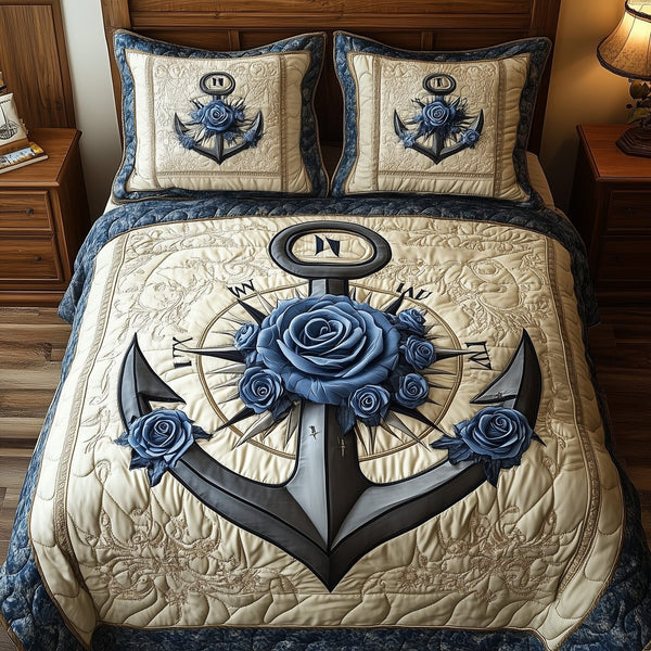 Nautical Rose quilted 3-piece bedding set on a made bed in a light coastal bedroom