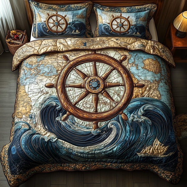 Nautical Ship Wheel quilted 3-piece bedding set on a made bed in a light coastal bedroom