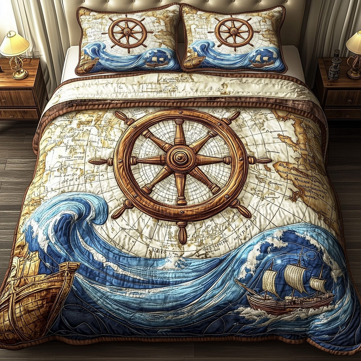 Nautical Ship Wheel quilted 3-piece bedding set on a made bed in a light coastal bedroom
