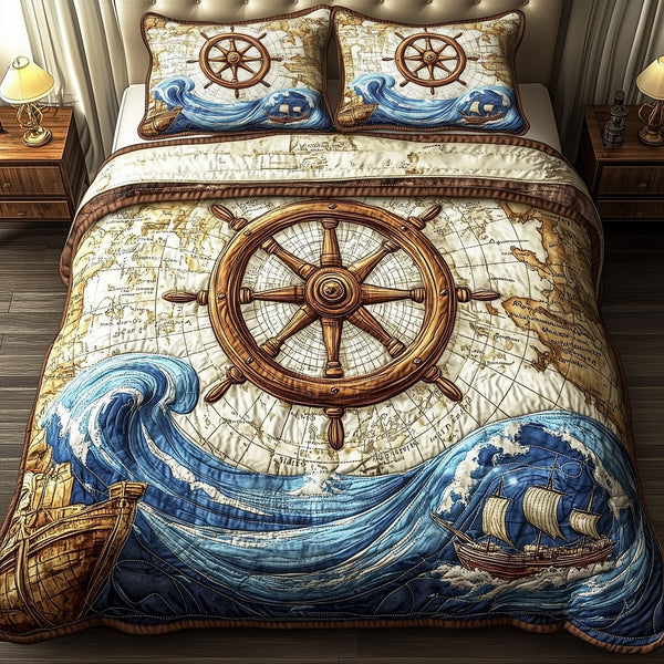 Nautical Ship Wheel quilted 3-piece bedding set on a made bed in a light coastal bedroom