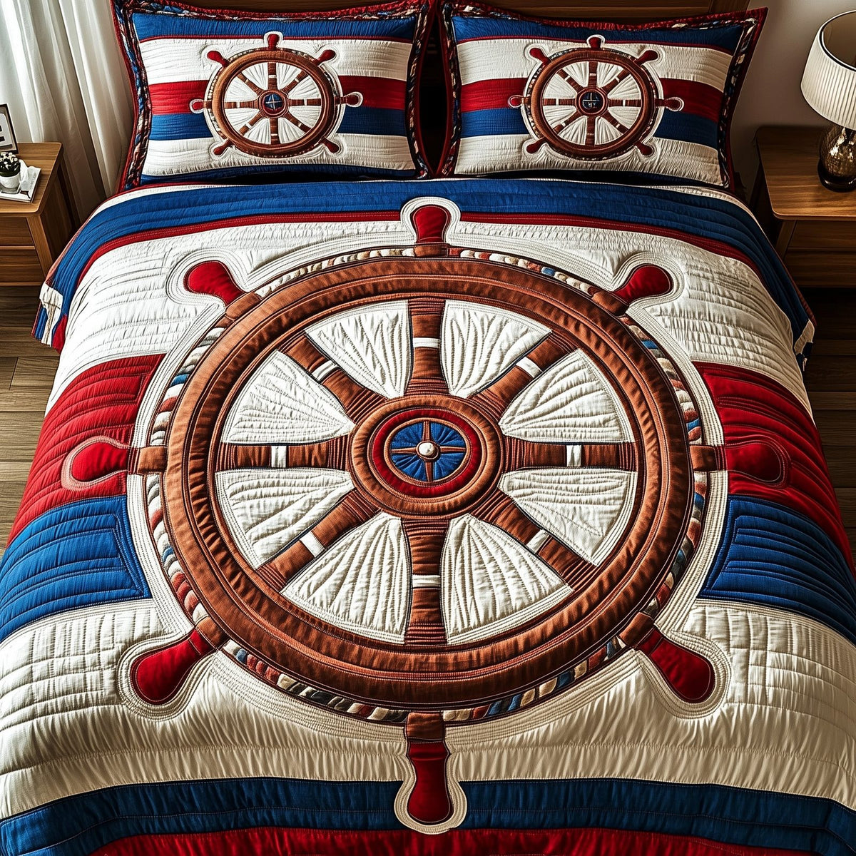 Nautical Ship Wheel quilted 3-piece bedding set on a made bed in a light coastal bedroom