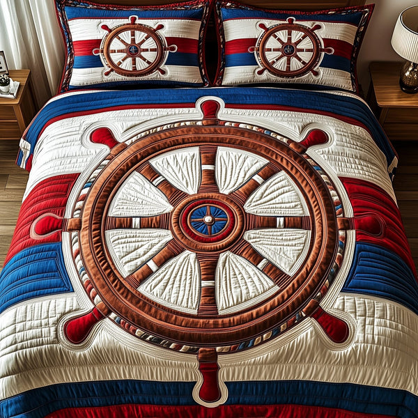 Nautical Ship Wheel quilted 3-piece bedding set on a made bed in a light coastal bedroom