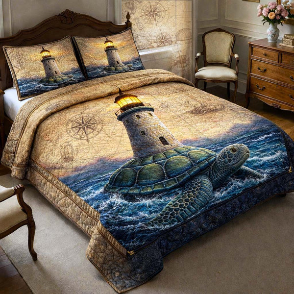 Nautical Signal quilted 3-piece bedding set on a made bed in a light coastal bedroom