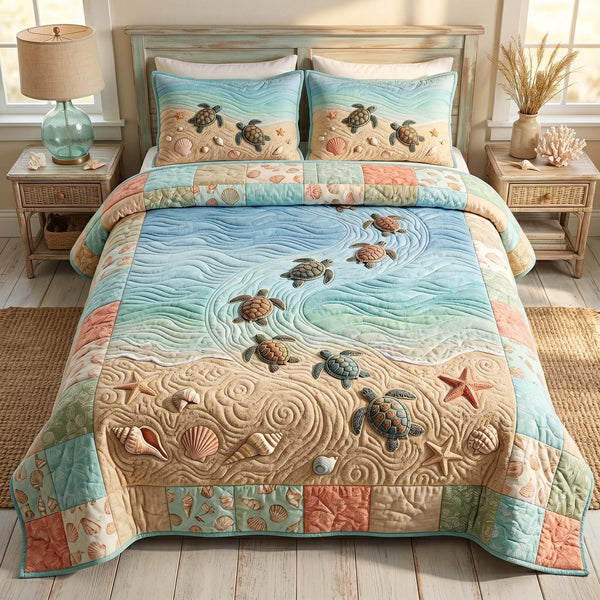 Nautical Turtle Patch quilted 3-piece bedding set on a made bed in a light coastal bedroom